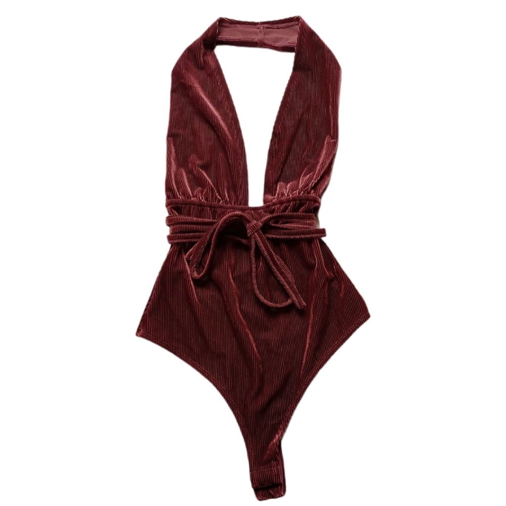 Le Lis Wine Velvet Halter Tie-Front Bodysuit